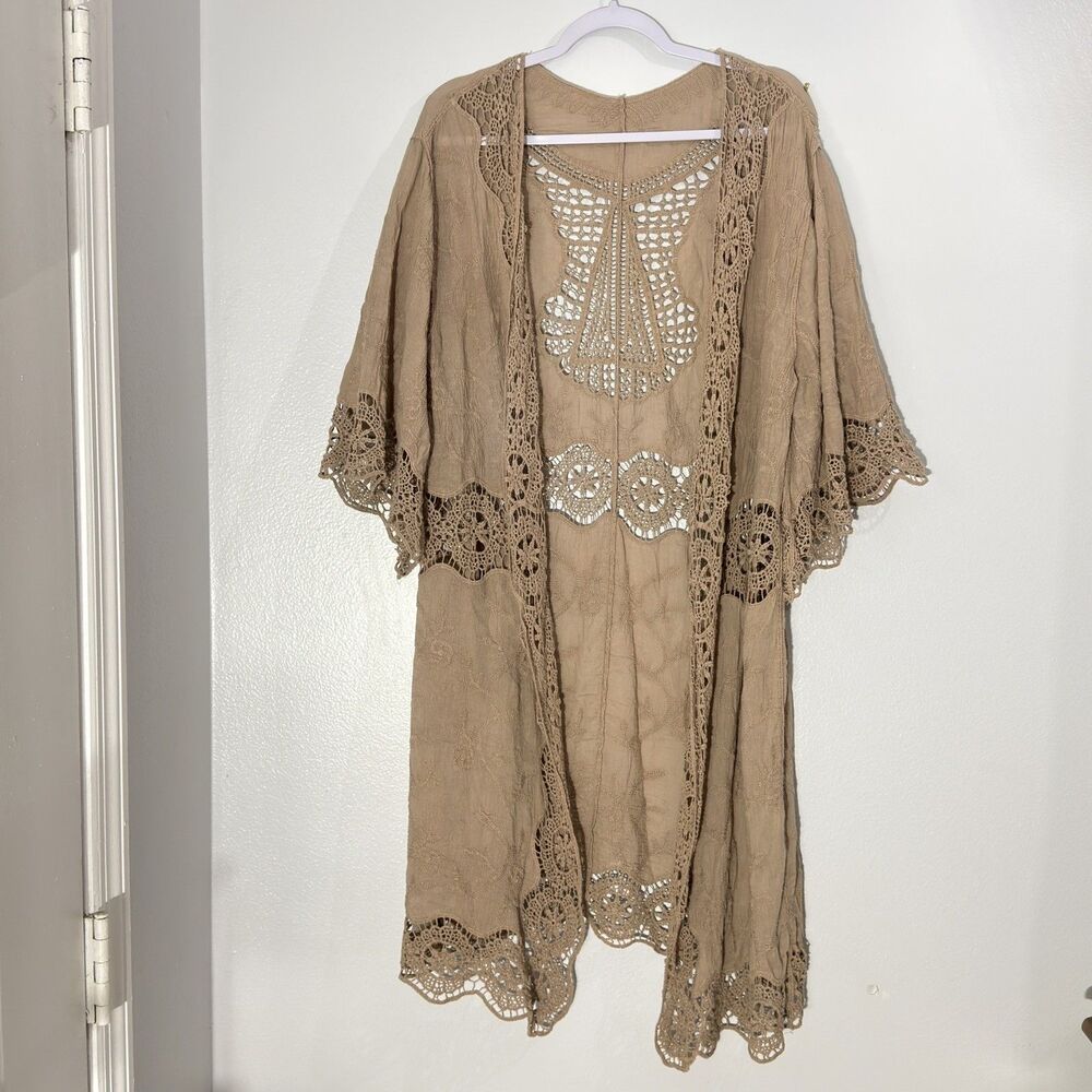 Beige Crochet Lace Longline Bohemian Kimono Open Wrap Top One Size
